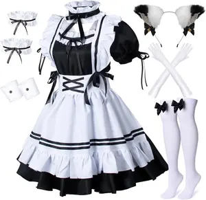 Anime French Maid Apron Lolita Fancy Dress Cosplay Costume Furry Cat Ear Gloves Socks set(S)