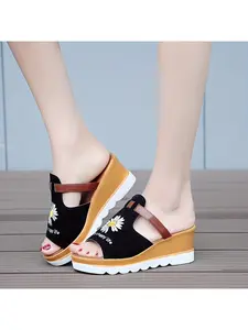 Fish-mouth net red slippers women's super popular summer new color matching platform cake lazy word drag wedges summer outer wear platform high heels for women