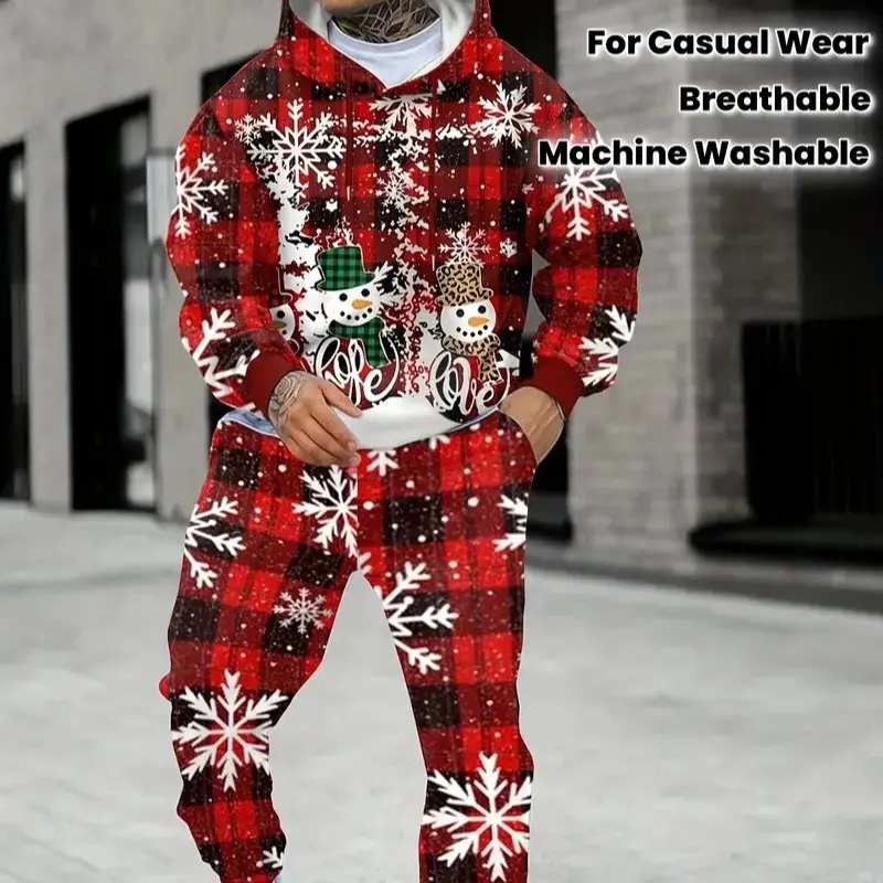 2pcs Men's Christmas Themed Classic Color Sweatshirt Set - Red Plaid Hoodie with Snowflake Design & Comfortable Elastic Waist Pants with Pockets for Winter Holiday Gatherings