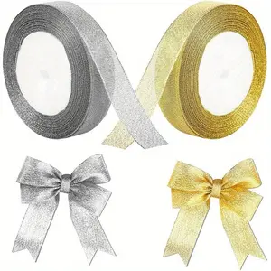 Golden and Silvery Gift Ties, Christmas Deocrations, Navidad, Ribbons for Bouquets, Flower Wrapping Paper, Craft Supplies Fabric, Handmade Wedding Bouquets Material, Gift Packaging Materials, Cake Decor Ribbon