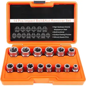 Professional 14 count Bolt Extractor Set, 3/8" Drive  Stripped Bolt Remover Socket Set for Removing Damaged Broken Rounded Off Bolt & Nut,  Grade Cr-Mo Steel with Case Father's Day