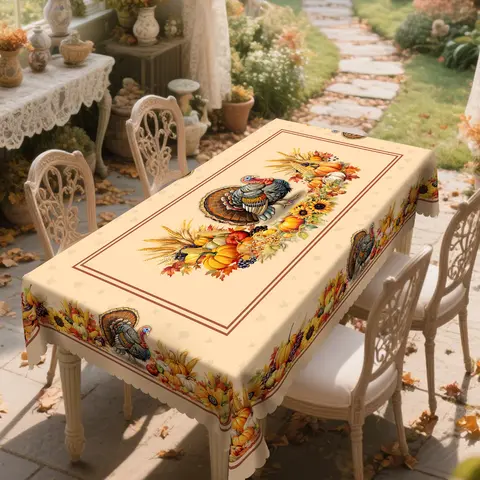XEXSIN 1pc Polyester Autumn Thanksgiving Tablecloth - Turkey,Pumpkin,Sunflower Motif, Rectangle/Round Fit, Rustic Look, Patio Dining Table Decor, Picnic Table Cover, Family Gathering Essential, Decoracion Thanksgiving, Indoor-Outdoor Camping Gift