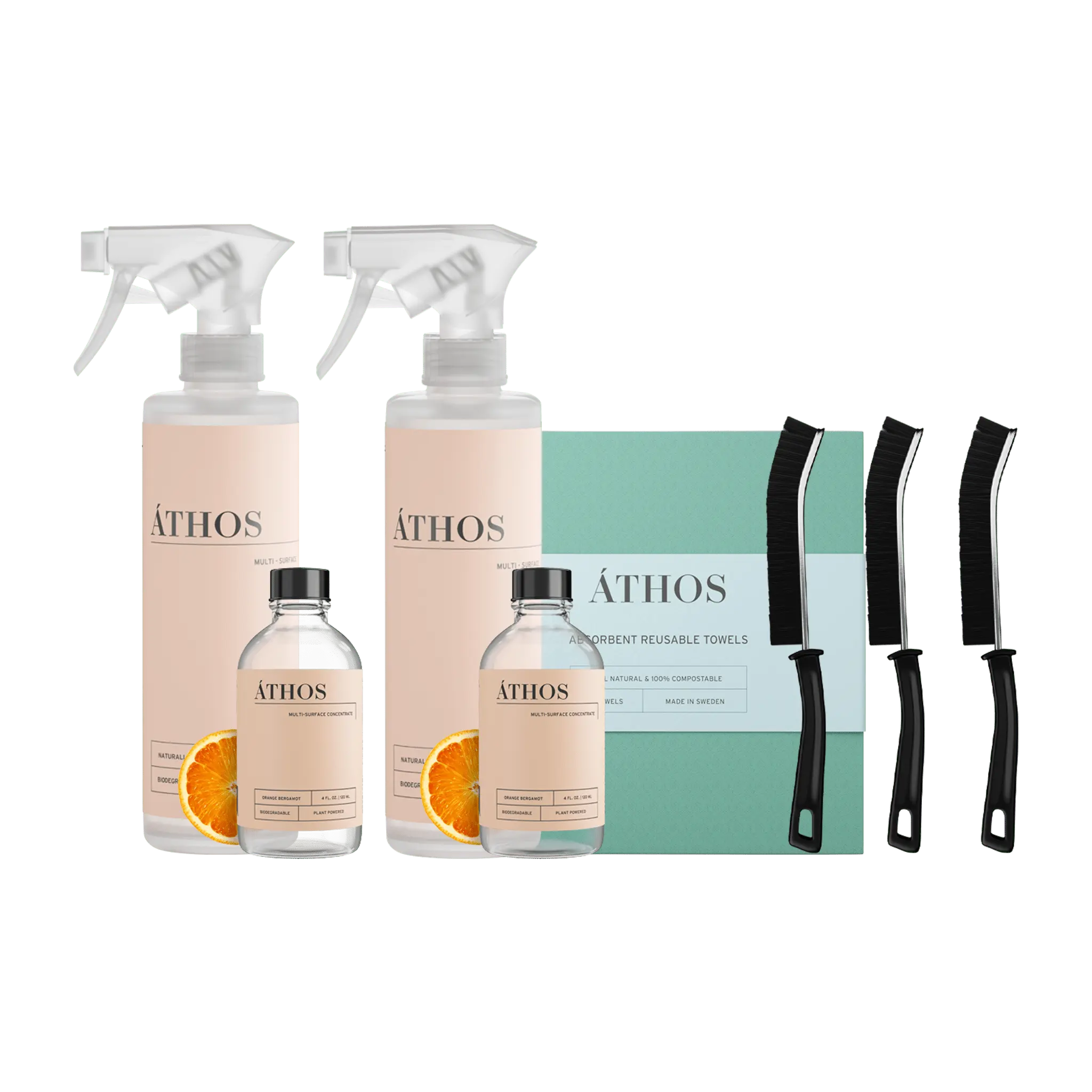 ÁTHOS Multi-Surface Bundle | Makes 8 Bottles | 2 Orange Bergamot Concentrates + Reusable Bottle & Tools | Plant-Based & pH-Neutral Cleaning Kit