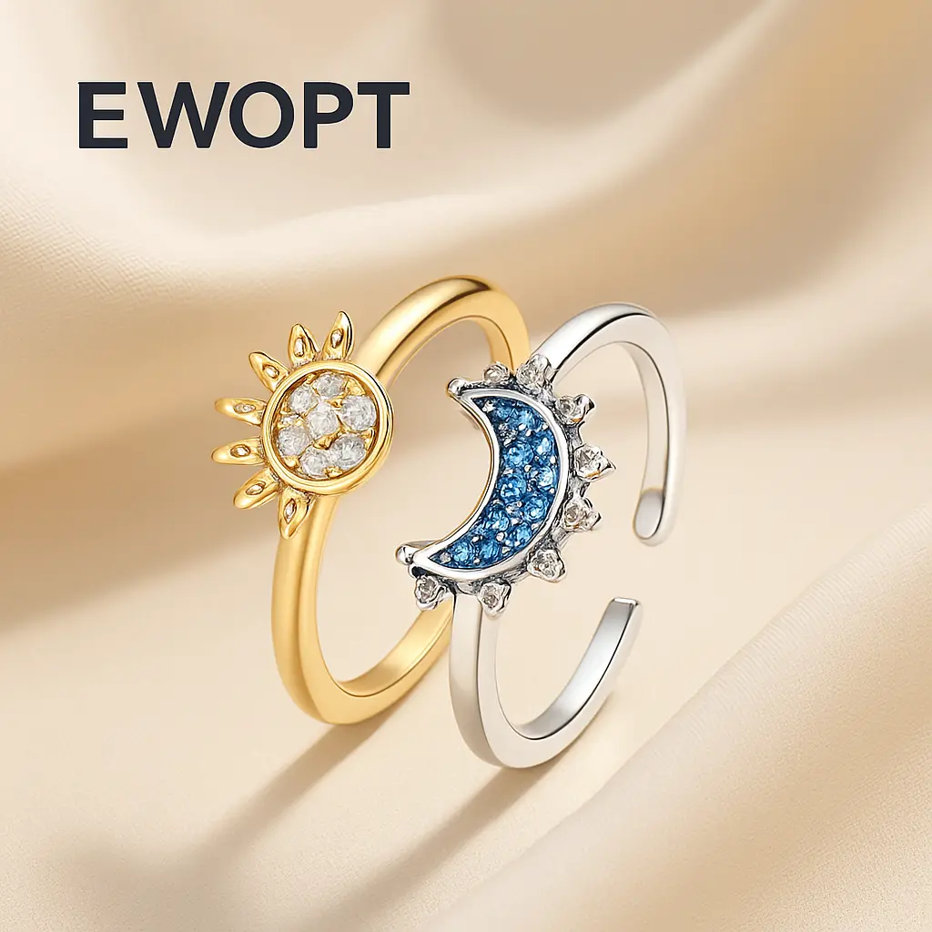 Sun and Moon Adjustable Ring for Women, Open Gold & Silver Couple Ring, Dainty Stackable Finger Ring, Minimalist Everyday Jewelry