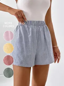 Women's Striped Print Elastic Waist Straight Leg Shorts, Casual High Waist Shorts for Summer, Summer Outfits 2024, Ladies Bottoms for Daily Wear, Casual Non Stretch