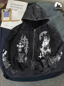 Men's Gothic Graphic Zipper Hoodie, Wash Base with Cross Moon Print, Casual Oversized Style for Campus and Night Out