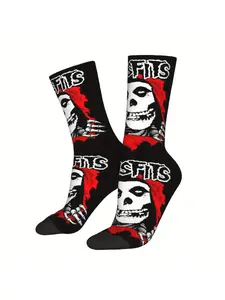 Retro Horror Punk Skull Socks, Gothic Rock Skeleton Face Graphic, Edgy Streetwear Hosiery, Letter Print Socks