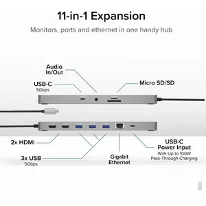 Plugable 11-in-1 USB-C Hub 100W USB-C Pass-through, Laptop Docking Station Dual Monitor with 4K 60Hz HDMI