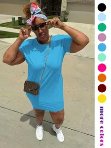 European and American loose dropped shoulder short-sleeved T-shirt dress with pockets Lazy style plus size lazy straight skirt Everyday casual solid color wear at home and outside a versatile base skirt
