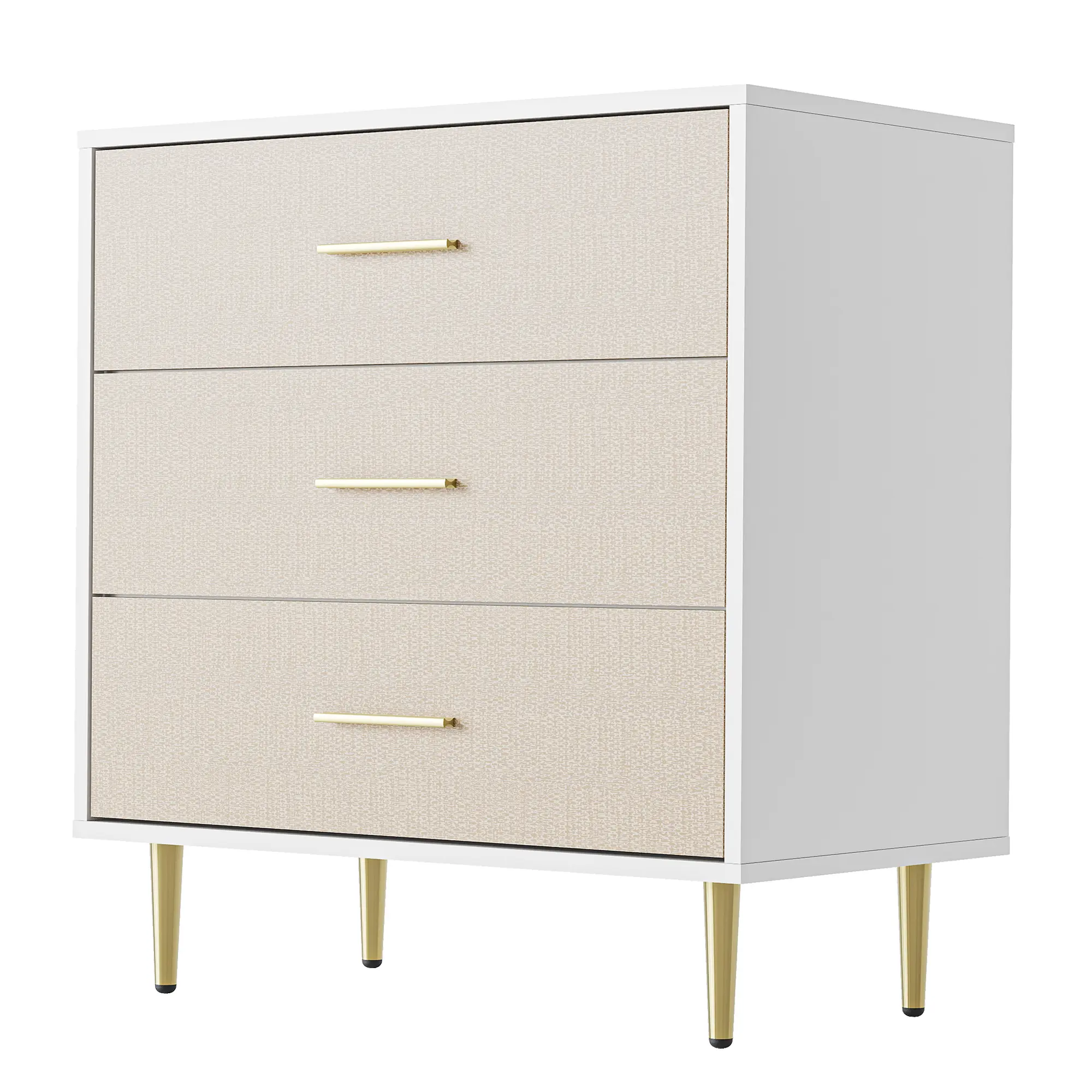 Modern White Dresser with 3 Drawers, Linen Textured Chest of Drawers with Gold Handles and Legs, Wooden Nightstand Accent Cabinet End Table for Bedroom Living Room Entryway, Narrow Storage Organizer Cabinet