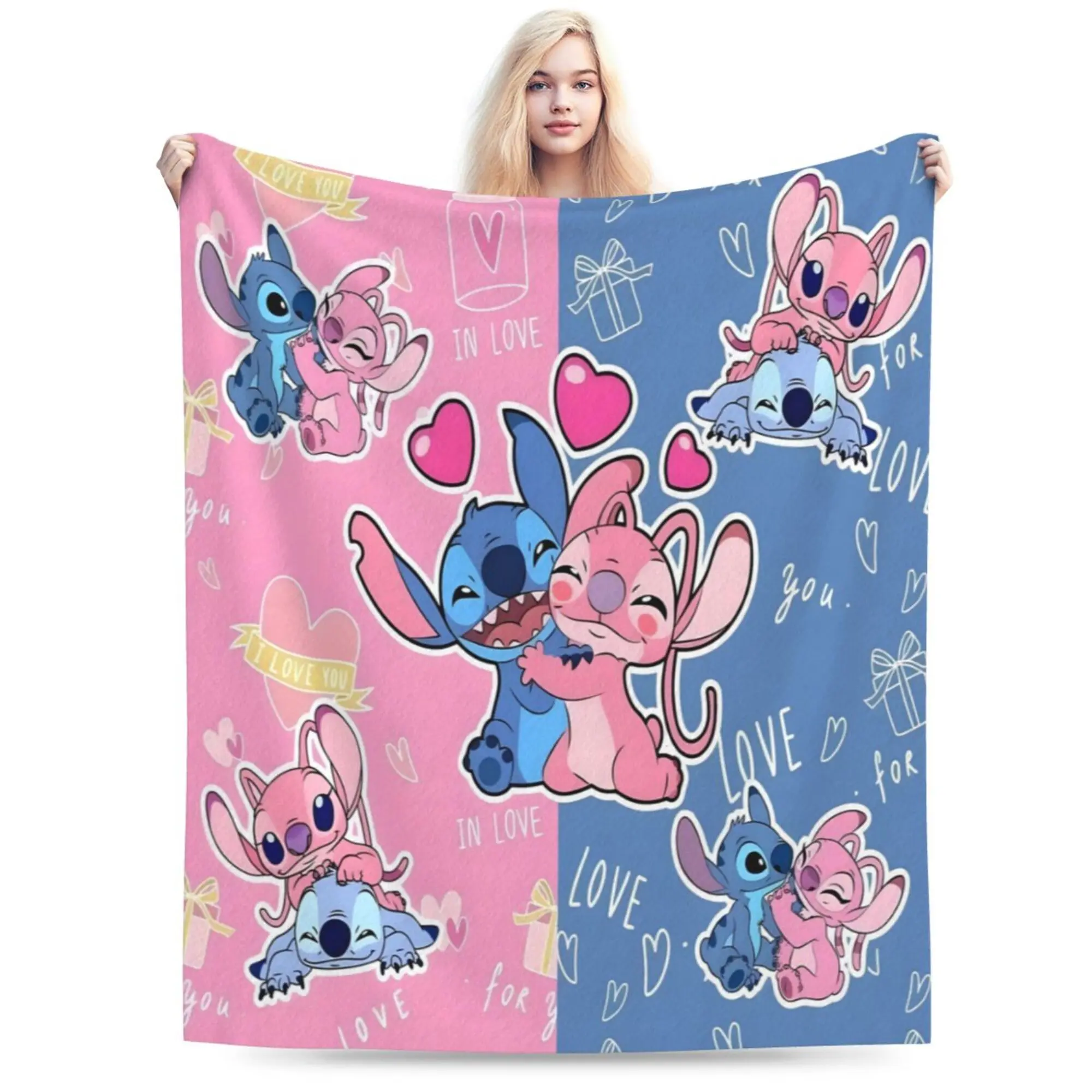 [SummerVibes] DISNEY CLASSIC Valentine's Day Lilo & Stitch Fleece Blanket, Ultra Soft Throw Blanket for Couch/Bed, Cute Stitch & Angel Love Pattern Flannel Blanket - Romantic Valentine Gift