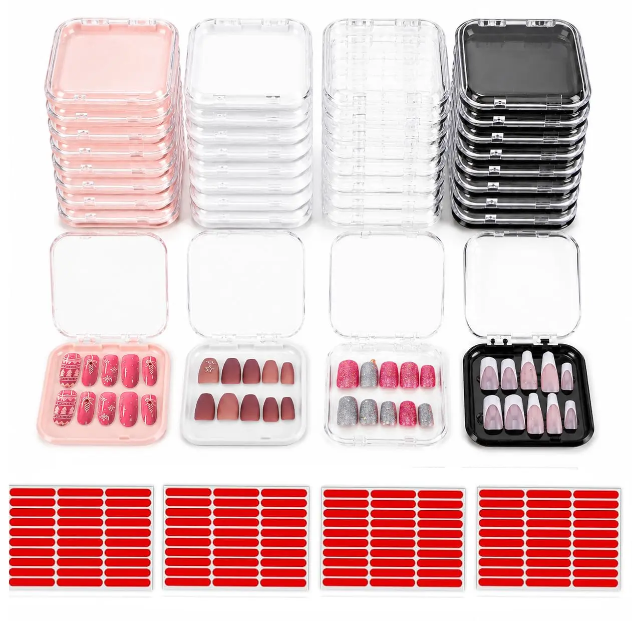 32 Pack Press on Nails Boxes, 2.75 x 2.75 Inch Press on Nail Display Case, Acrylic Fake Nails Storage Package Containers with 120 Adhesive Nail Tapes for Press on Nail Business Nail Art Salon