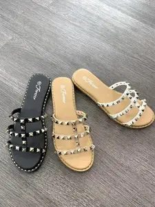 Nude Studded Strappy Flat Sandals