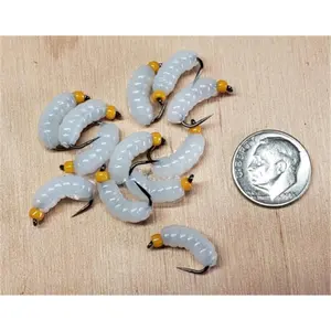 12 - #10 ORG BH Rubber Grub White Wet Fly - Trout, Crappie, Pan Fish, fishing bait