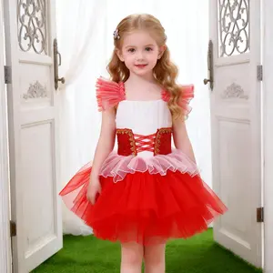 Girls Red Ballet Tutu Dress, Kids Princess Gown, Cute Ruffle Sleeve Tulle Puffy Skirt for Stage Performance & Birthday Party