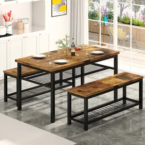 AWQM 43.3" Dining Table Set for 4 - Kitchen Dining Table with 2 Benches, Metal Frame & Storage Rack, Waterproof Wine Available in Brown & Black