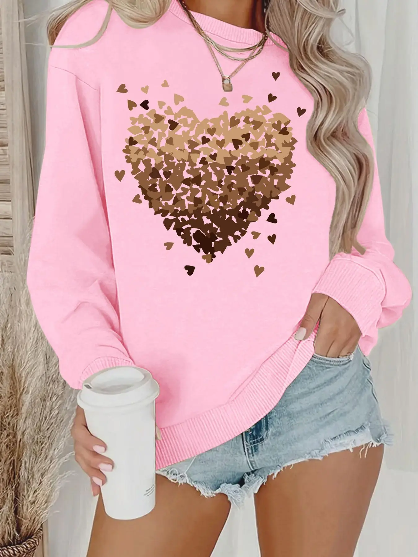 Women's Heart Print Drop Shoulder Sweatshirt, Casual Long Sleeve Round Neck Fitted Pullover Tops for Fall & Winter, Ladies Clothes for Daily Wear Valentine's Day, gift
