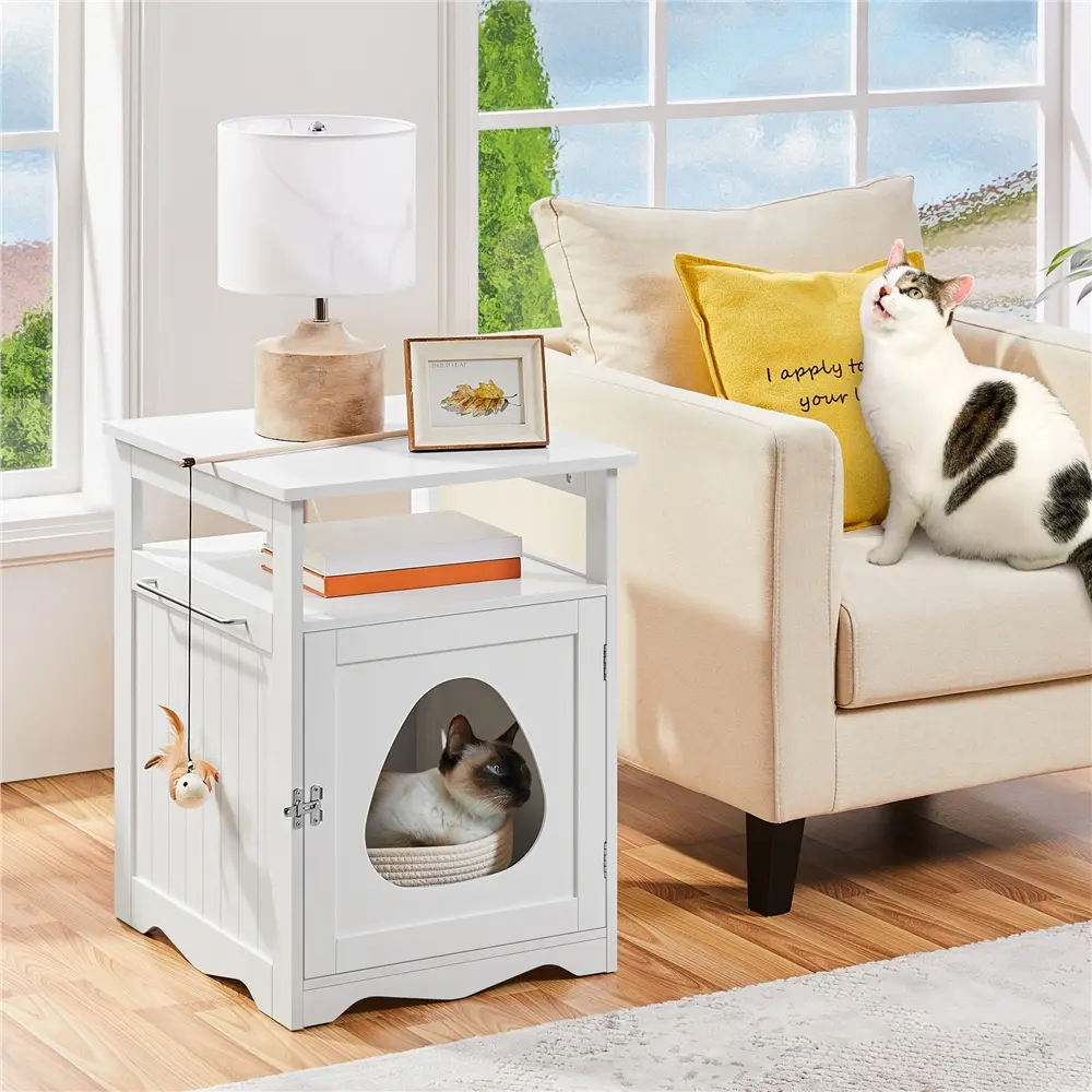 Yaheetech Wooden Cat Litter Box Enclosure with Lockable Door, Open Shelf, Privacy Space, Storage + Bed, Indoor Cat Washroom, Side End Table Pet Crate