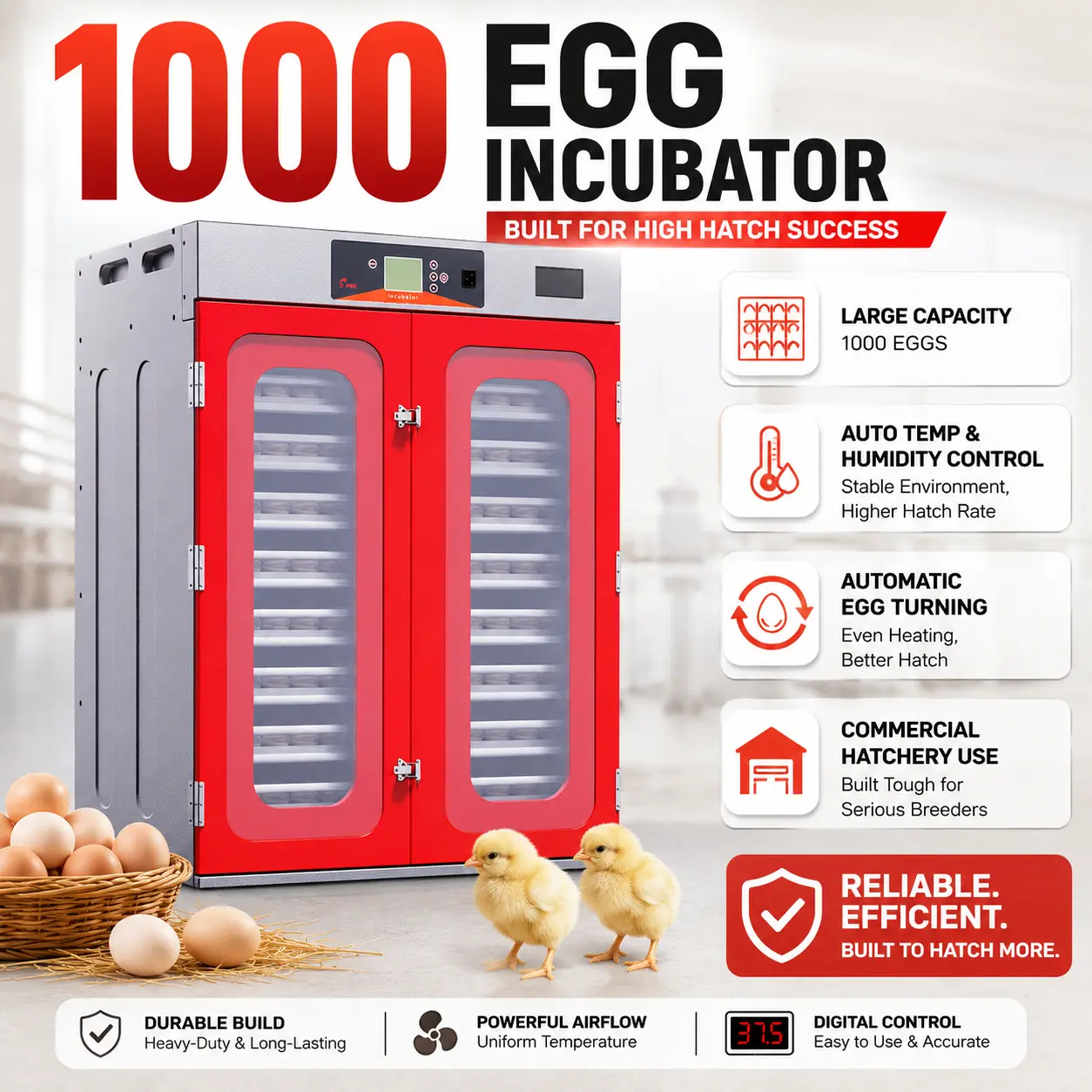 1000 Egg Commercial Cabinet Incubator Large Capacity Digital Poultry Hatcher Automatic Temperature Humidity Control Egg Turning System for Chicken Duck Quail Farm Hatchery Equipment Homesteading Breeder Supplies