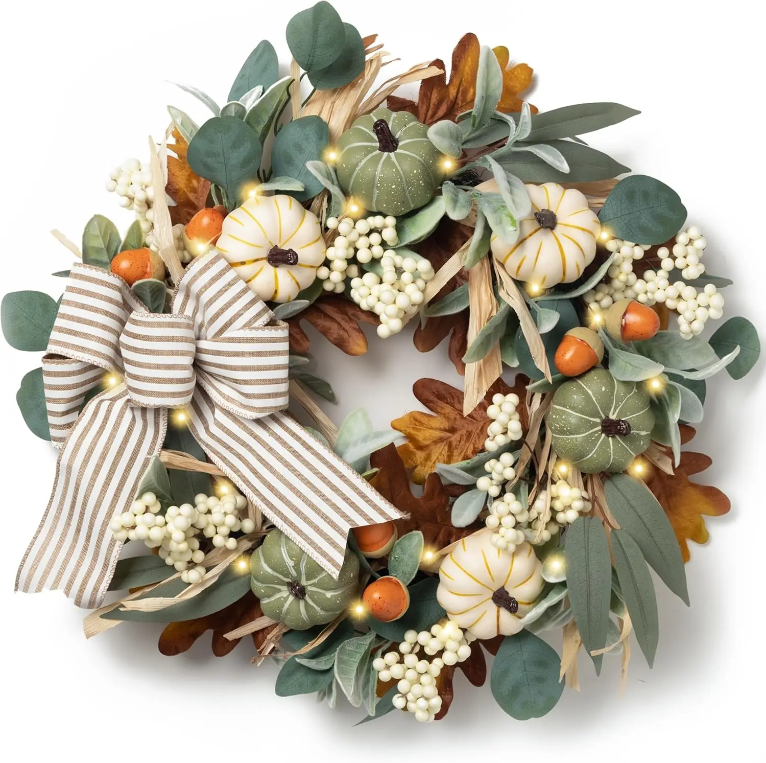 Madelyn 20'' Fall Wreaths for Front Door with LED Lights | Farmhouse Autumn Wreath with White Pumpkins Bow for Home Porch Thanksgiving Harvest Table Centerpiece Decorations