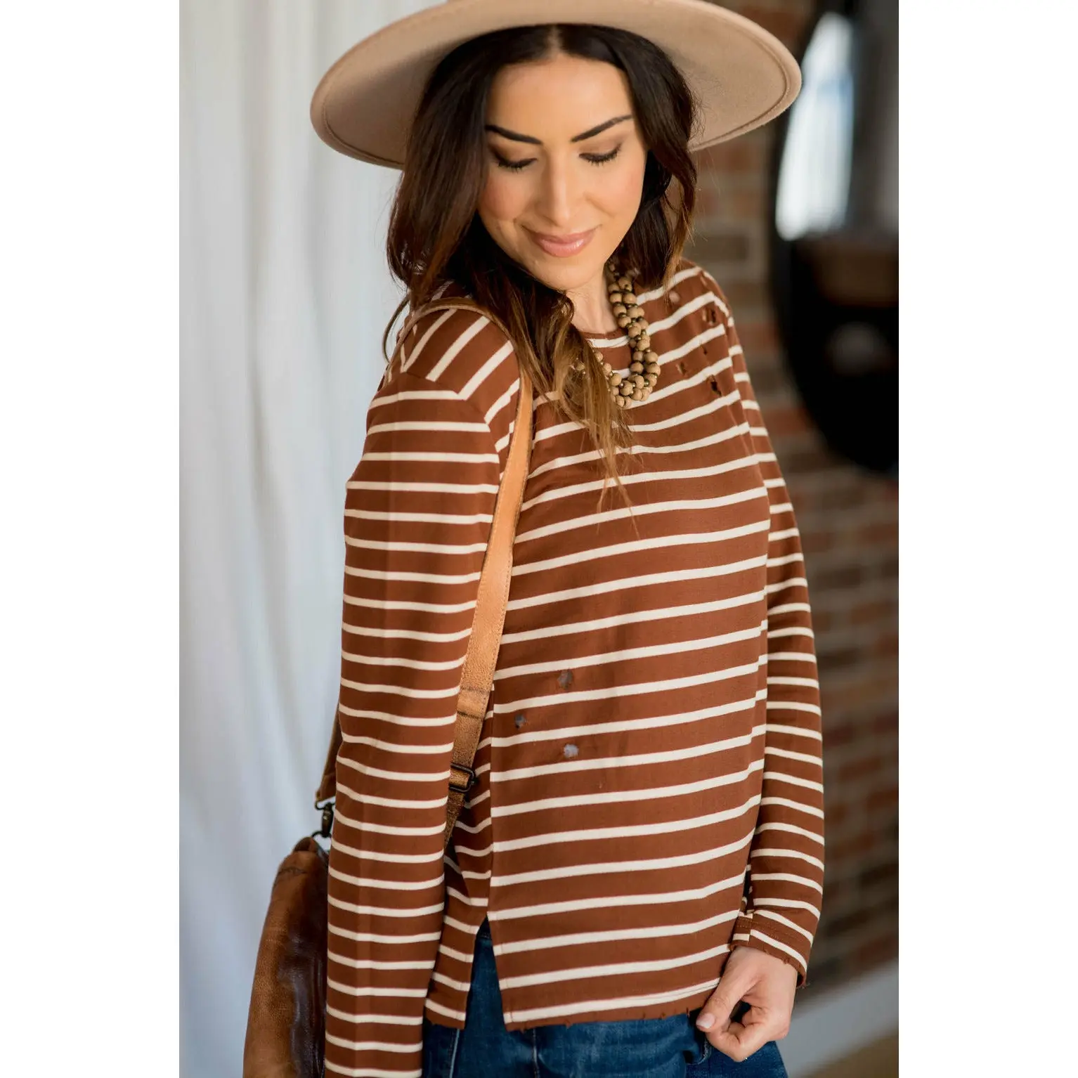 Destructed Striped Long Sleeve Tee - Cognac