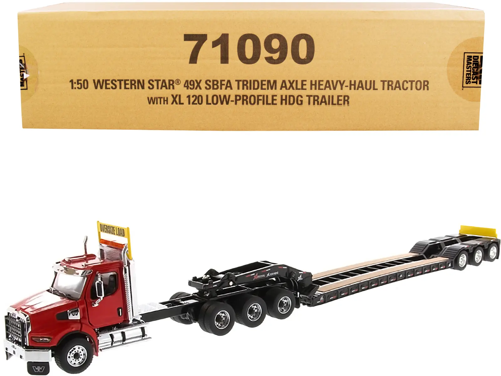 Western Star 49X SBFA Tridem Axle Heavy-Haul Tractor w/Low-Profile HDG Trailer Red and Black 1/50 Diecast Model Diecast Masters