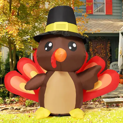 Thanksgiving Turkey Decor Inflatables 4FT Tall Turkey Baby in Hat with Built-in LEDs Blow Up Yard Decoration for Holiday Season Party Indoor Outdoor Garden Lawn