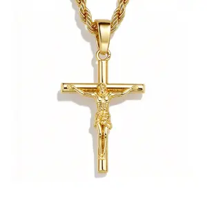 Gold-Plated Jesus Crucifix Necklace,Solid Diamond-Cut Braided golden Rope Chain Necklace, featuring an exquisitely polished beveled Jesus cross pendant, suitable for both men and women, a special gift for all occasions