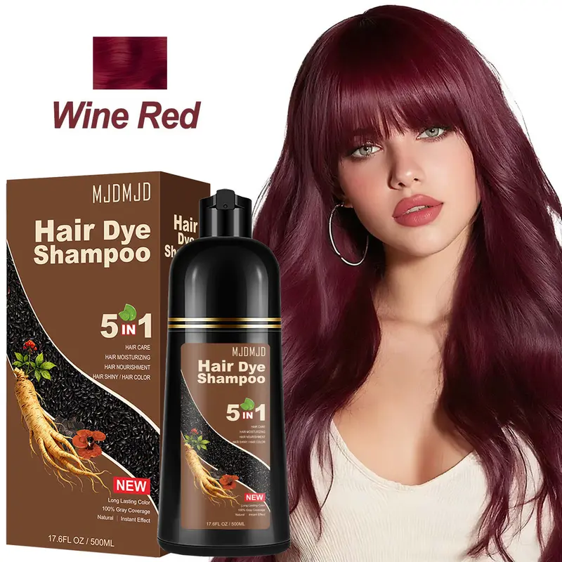 MJDMJD Wine Red 3-in-1 Hair Dye Shampoo, Semi-Permanent Burgundy Coloring Hair Solution for Gray Coverage, Alcohol-Free Non-Toxic Herbal Formula for Adults, 24-Month Long-Lasting Instant Color, 500ml No-Bleach Haircare for All Types