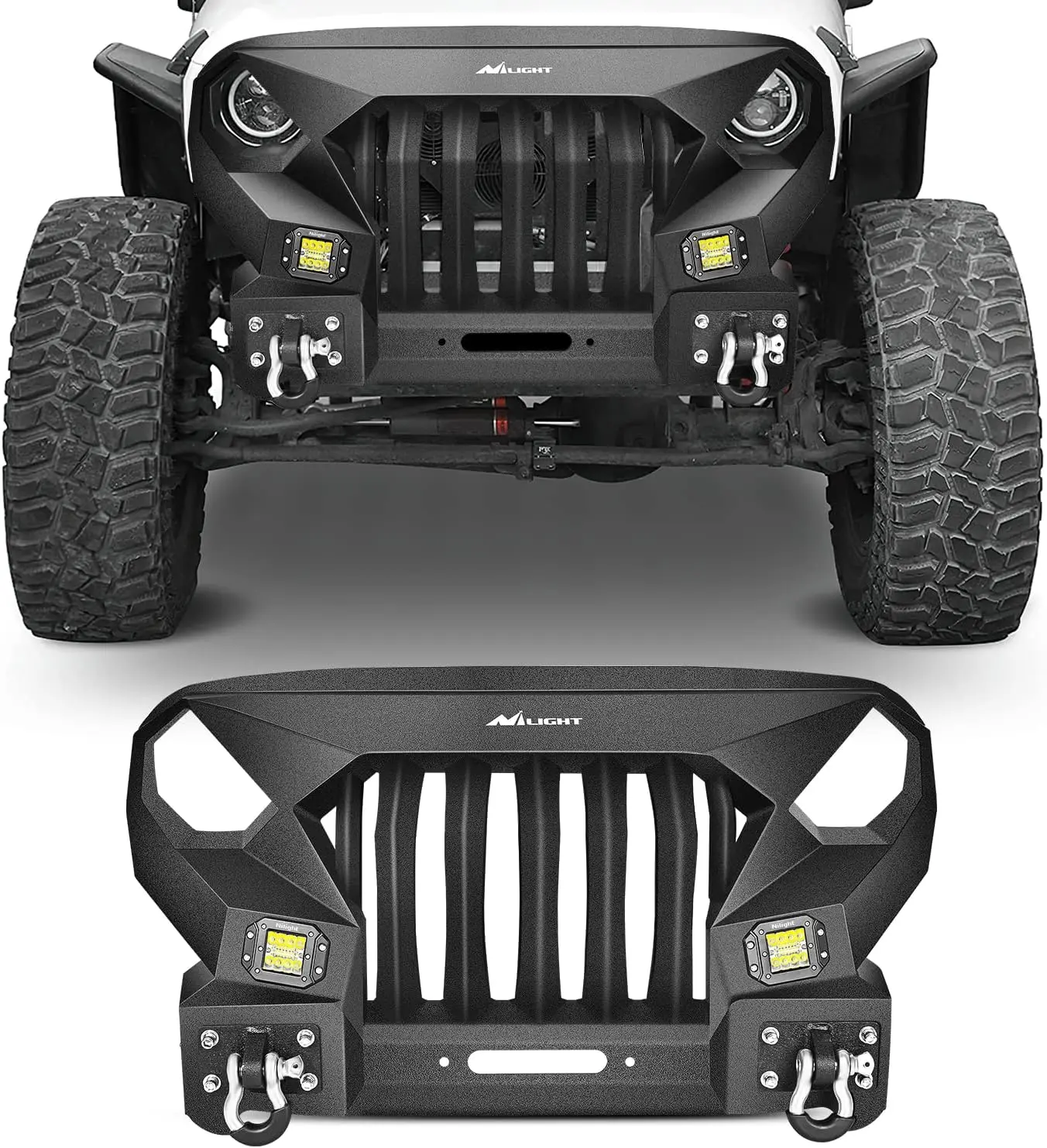 Nilight Full Width Front Bumper Grill, Automotive Off-Road Car Accessory for 2007-2018 Wrangler JK&Unlimited 2/4 Doors, Textured Black Solid Steel Bumper with Winch Plate & 2x42W LED Work Light Pods