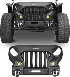 Nilight Front Bumper Grill for 2007-2015 2016 2017 2018 Wrangler JK&Unlimited 2/4 Doors with Winch Plate 2x42w LED Work Light Pods Textured Black Solid Steel Off-Road
