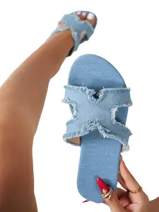 2026 Summer New Fashion Women's Flat Wide Fit Round Toe Fringe Blue Casual Anti-Slip Outdoor Sandals, Textile Upper, Tpr Sole