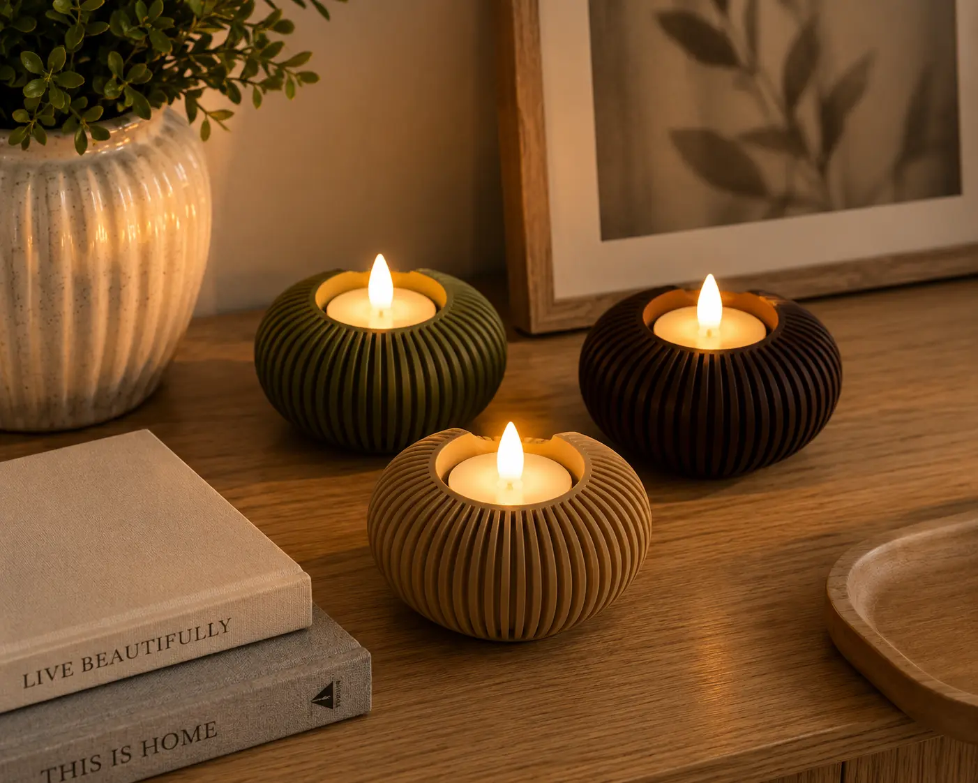 Set of 3 Modern Ribbed Texture PLA Plastic Reusable LED Heart Candle Holders - Bedroom Decor, Romantic Tea Light Ornament, Ideal Anniversary Gift for Indoor Home Supplies