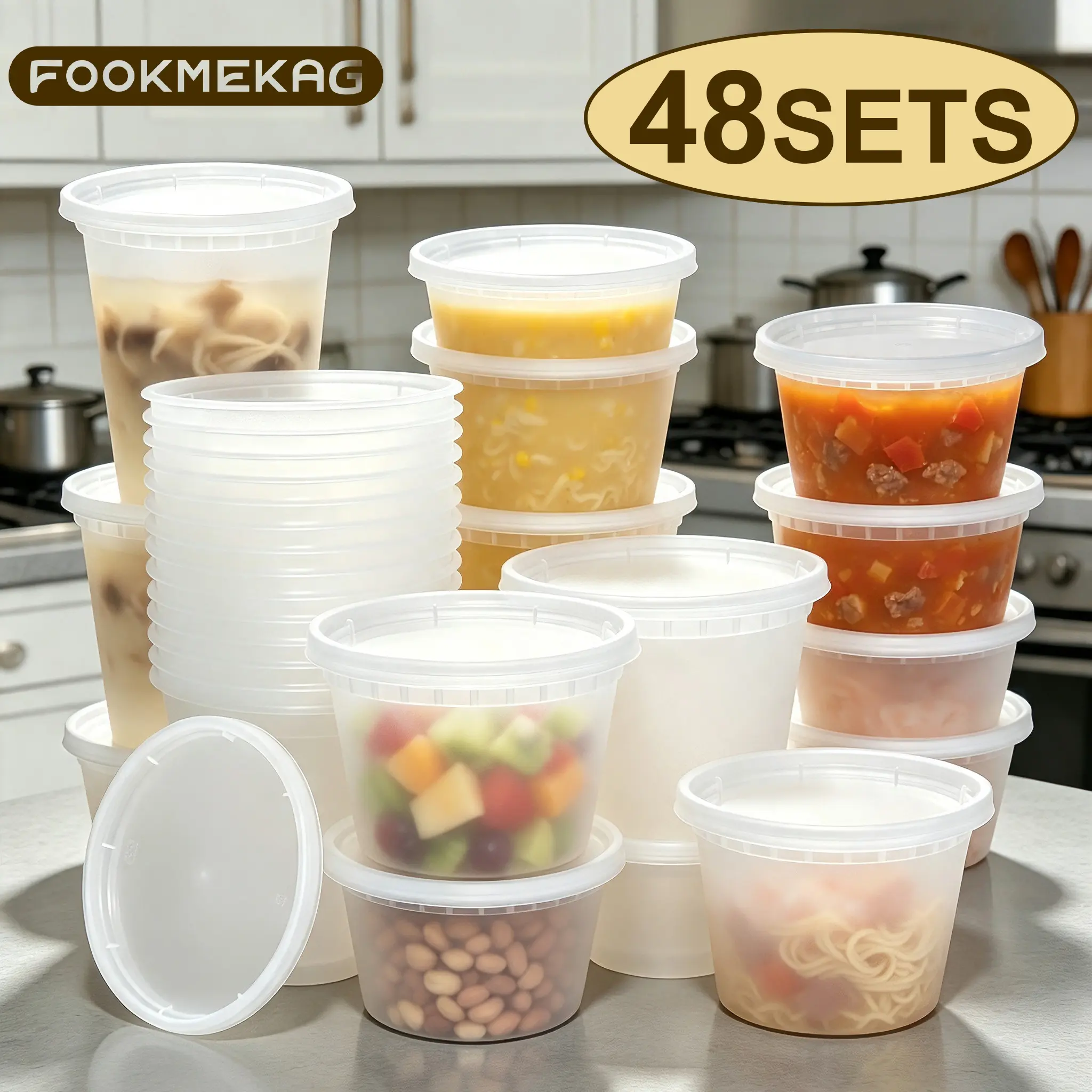 48-Set Unisex Adult Disposable Transparent Plastic Kitchen Food Storage & Soup Containers with Lids, Multi-Size (8 oz,24 oz,32 oz), Heat-Resistant, Microwave-Safe, Leak-Proof, Freezer-Friendly, Reusable for Parties, Takeout