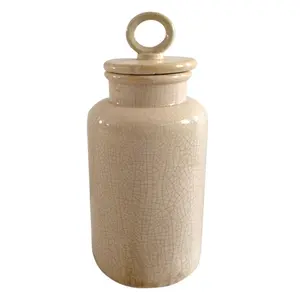 212 MAIN Large Cream Ceramic Distress Lidded Jar - Multi-Use Decoration, Home Decor Accent for Commercial, Office Furniture Spaces