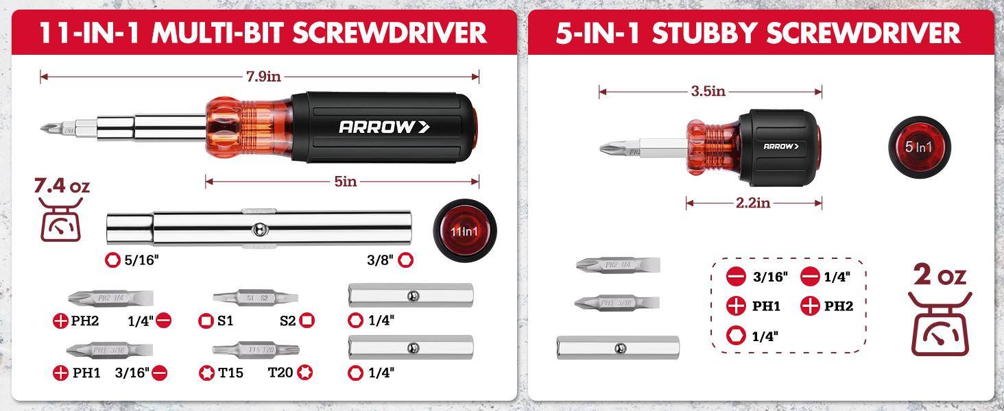 #backtoschool ARROW Multi-Screwdriver Set, 11-in-1 Standard/5-in-1 Stubby Multi-bit Screw Driver & Nut Driver Set, Premium S2 Steel, Comfortable Grip, with Phillips, Slotted, Torx, Square Bits and Hex Sockets #backtoschool ARROW Multi-Screwdriver Set, 11-in-1 Standard/5-in-1 Stubby Multi-bit Screw Driver & Nut Driver Set, Premium S2 Steel, Comfortable Grip, with Phillips, Slotted, Torx, Square Bits and Hex Sockets