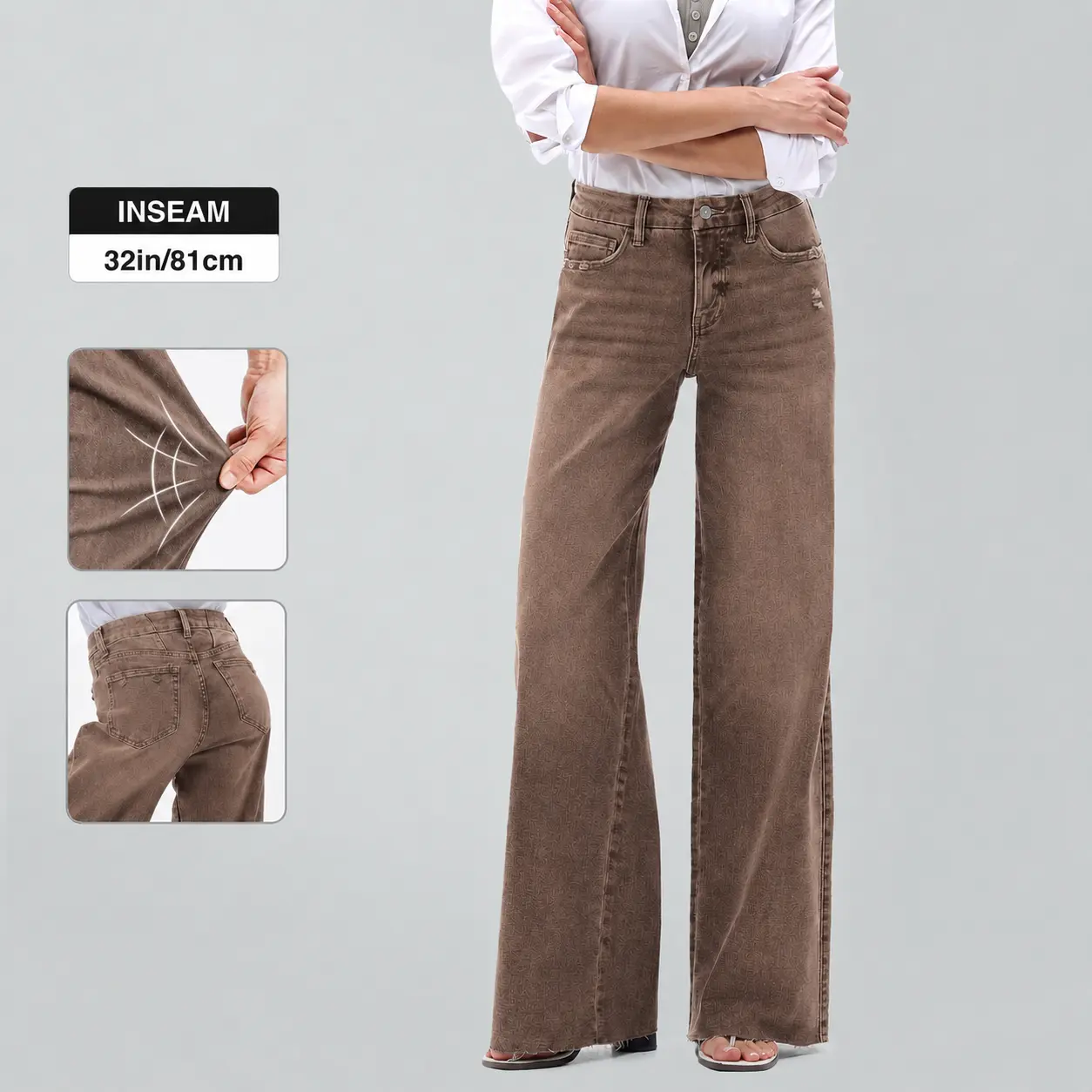 ONESO Womens Mid Rise Baggy Wide Leg Jeans Raw Hem Soft Stretch Denim Casual Pants Warm Brown Neutral Look