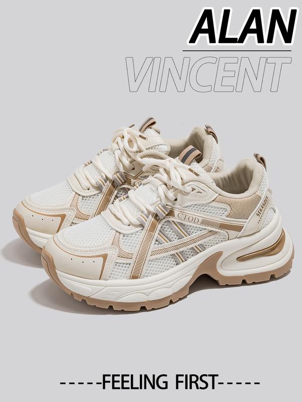 New Thick Sole Dad Shoes Fashion Casual Sporty Women's Breathable Height Increasing Sneakers, Round Toe, Low Top, All Seasons