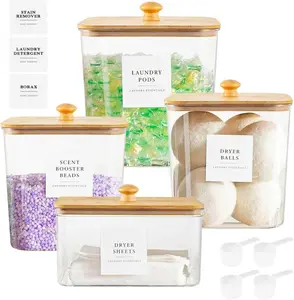 4-Pack Laundry Pods Container & Dryer Sheet Holder, Acrylic Square Laundry Room Organization and Storage Jars with Wooden Lids & Labels for Powder, Scent Booster, Detergent