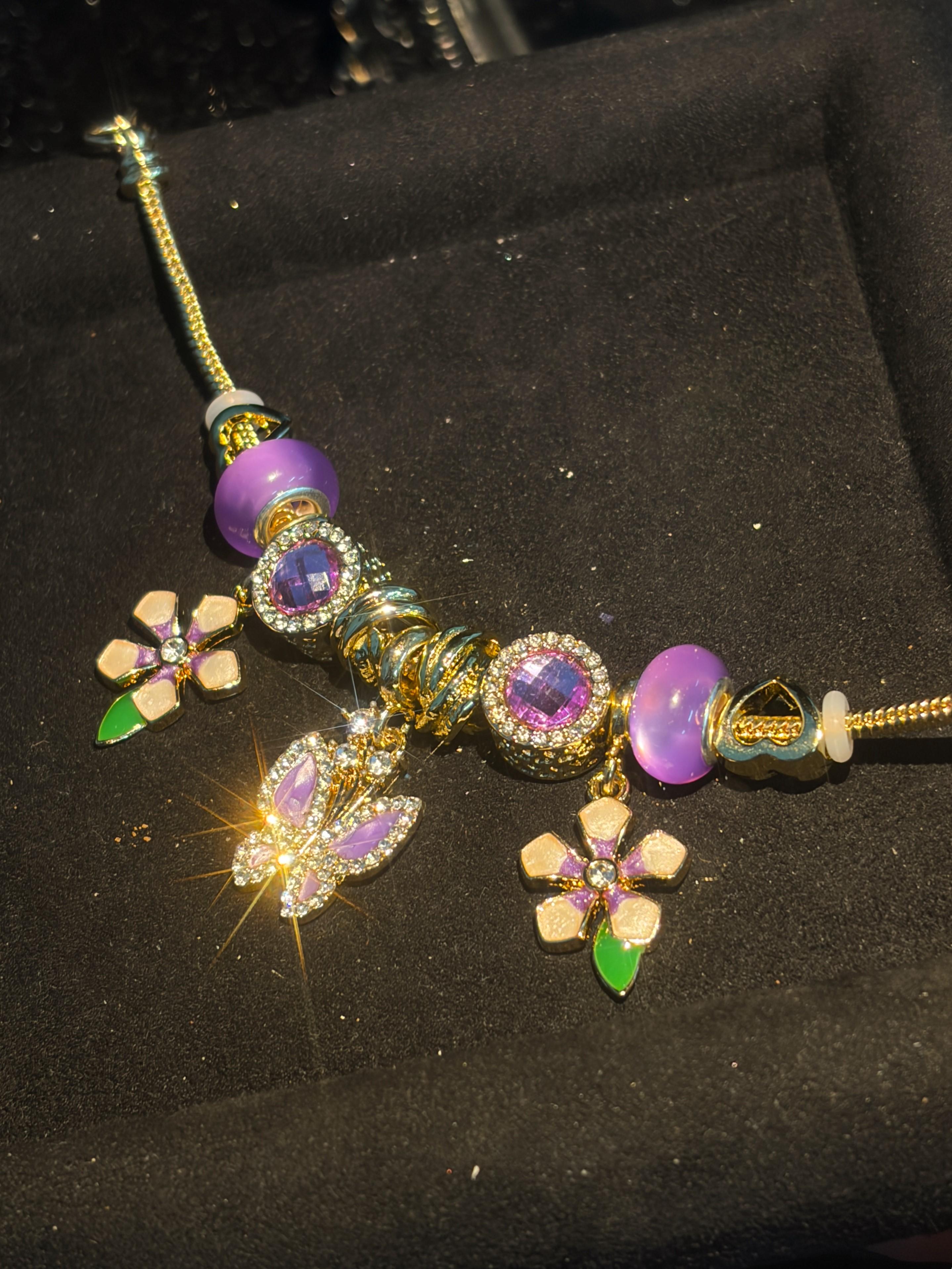 Gorgeous Gold‑Tone Snake Chain Wrist Bracelet for Women, Shiny Beaded Accessory with Sparkling Rhinestone Butterfly Pendant, Enamel Floral Charms and Purple Bead Ornaments, Dreamy Purple‑Tone Wrist Jewelry for Dating Party Daily Outfits Gorgeous Gold‑Tone Snake Chain Wrist Bracelet for Women, Shiny Beaded Accessory with Sparkling Rhinestone Butterfly Pendant, Enamel Floral Charms and Purple Bead Ornaments, Dreamy Purple‑Tone Wrist Jewelry for Dating Party Daily Outfits