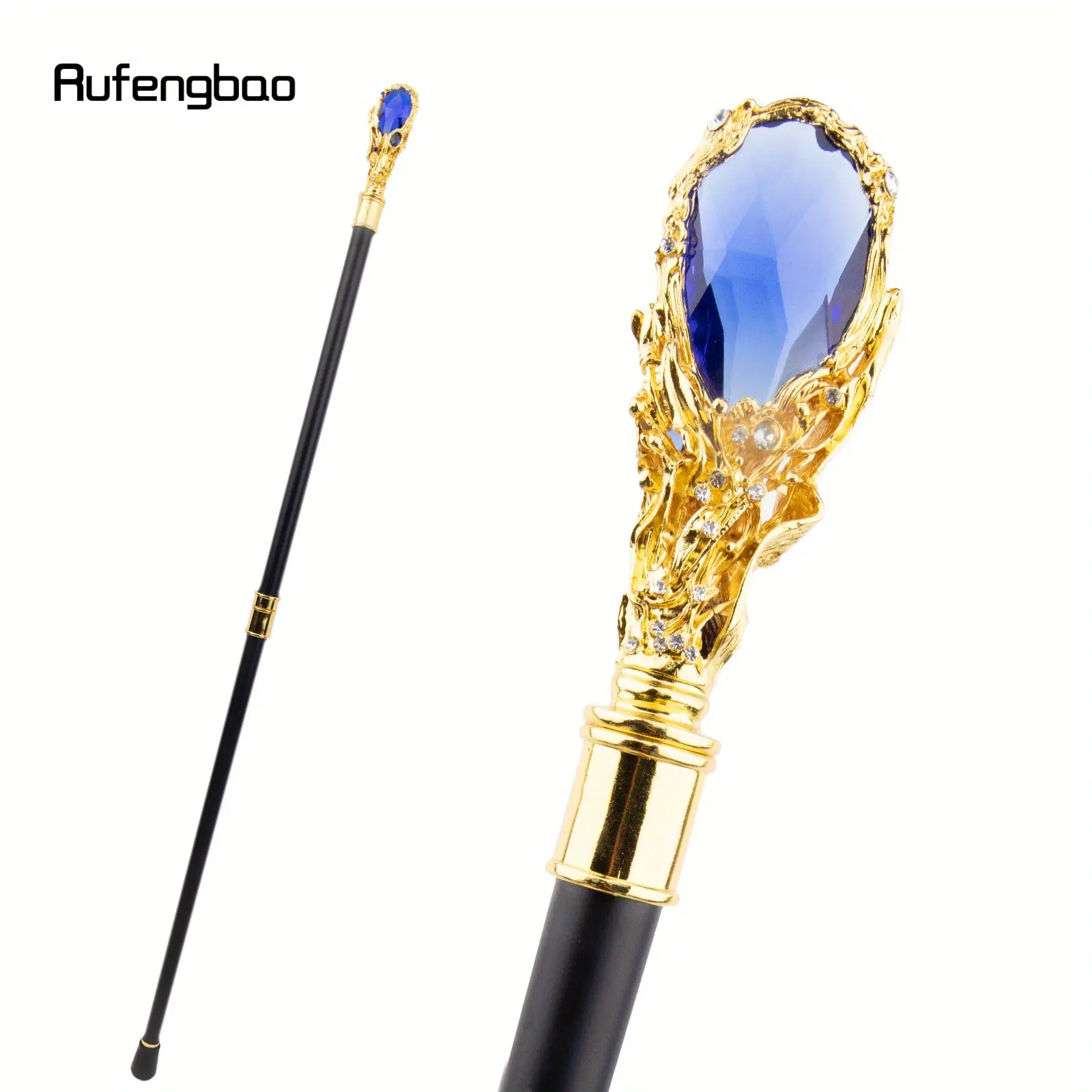 Blue Diamond Golden Cane Fashion Decorative Stick Gentleman Elegant Cosplay Cane Knob Crosier 95cm Party Props Photo Prop