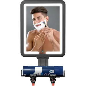 Lighted Shower Mirror Fogless for Shaving, Heated Fog Free Large 9.5*7inch 3 Color Modes Dimming Shower Shaving Mirror with Light, Rechargeable Anti-Fog Shower Mirror with Storage Tray & Razor Holders