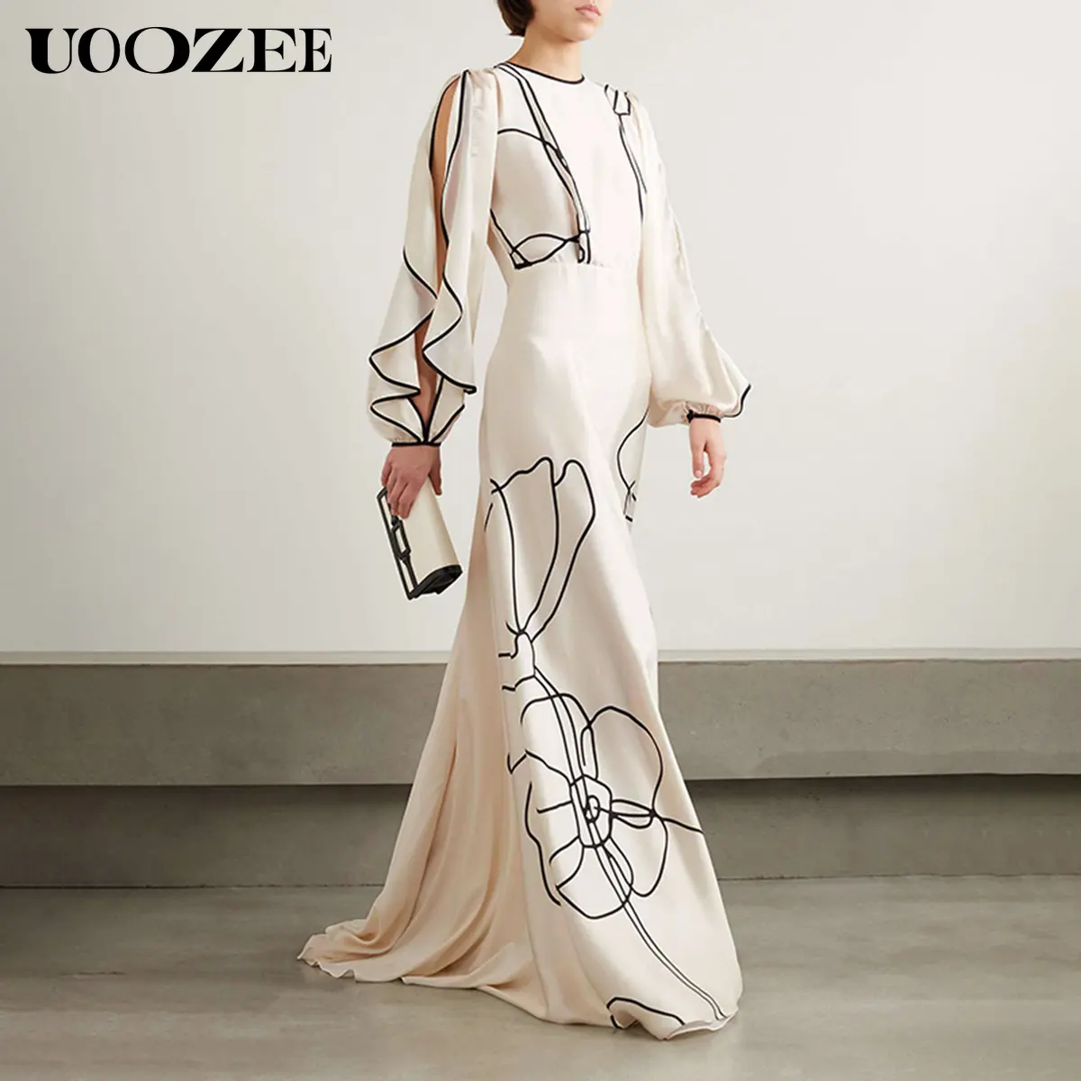 uoozee dresses Loose Puff Sleeves Buttoned Split-side Mock Neck Maxi Dresses – Uoozee  official main image 0