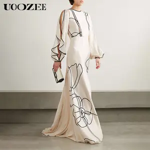 UOOZEE 2026 Autumn New Women's Ruffled Sleeves Maxi Dress, Line Art Floral Print Round Neck High Waist Pleated Party Dress Evening Gowns(One Size Up Recommended for C - Cup and Above)