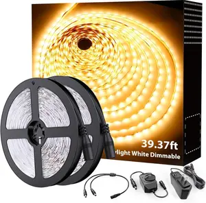 Warm White LED Strip Lighting, 39.37ft 3000K Dimmable Led Tape Light, 12m Bright 720 LEDs 2835 Flexible Ribbon Christmas Light, 12V Adhesive Rope Lights for Kitchen, Under Cabinet, Bedroom