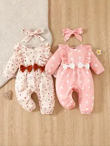 Baby Girl's Heart & Cartoon Bear Print Long Sleeve Bodysuit One-pieces & Bow Decor Hair Band Set, Cute Clothes for Infant Toddler Kids, Newborn Baby Girls Gifts, Baby Clothing
