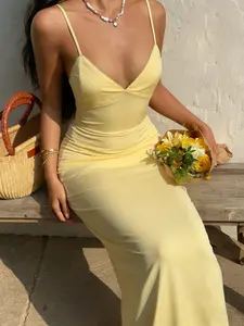 Solid Color Sleeveless Spaghetti Strap Maxi Dress, Elegant Chic Lightweight Summer Beach Vacation Dress, Versatile Dress For Women