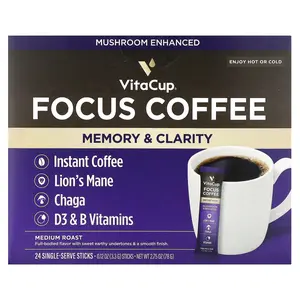 VitaCup Focus Instant Coffee, Medium Roast, 24 Single-Serve Sticks, 0.12 oz (3.3 g) Each