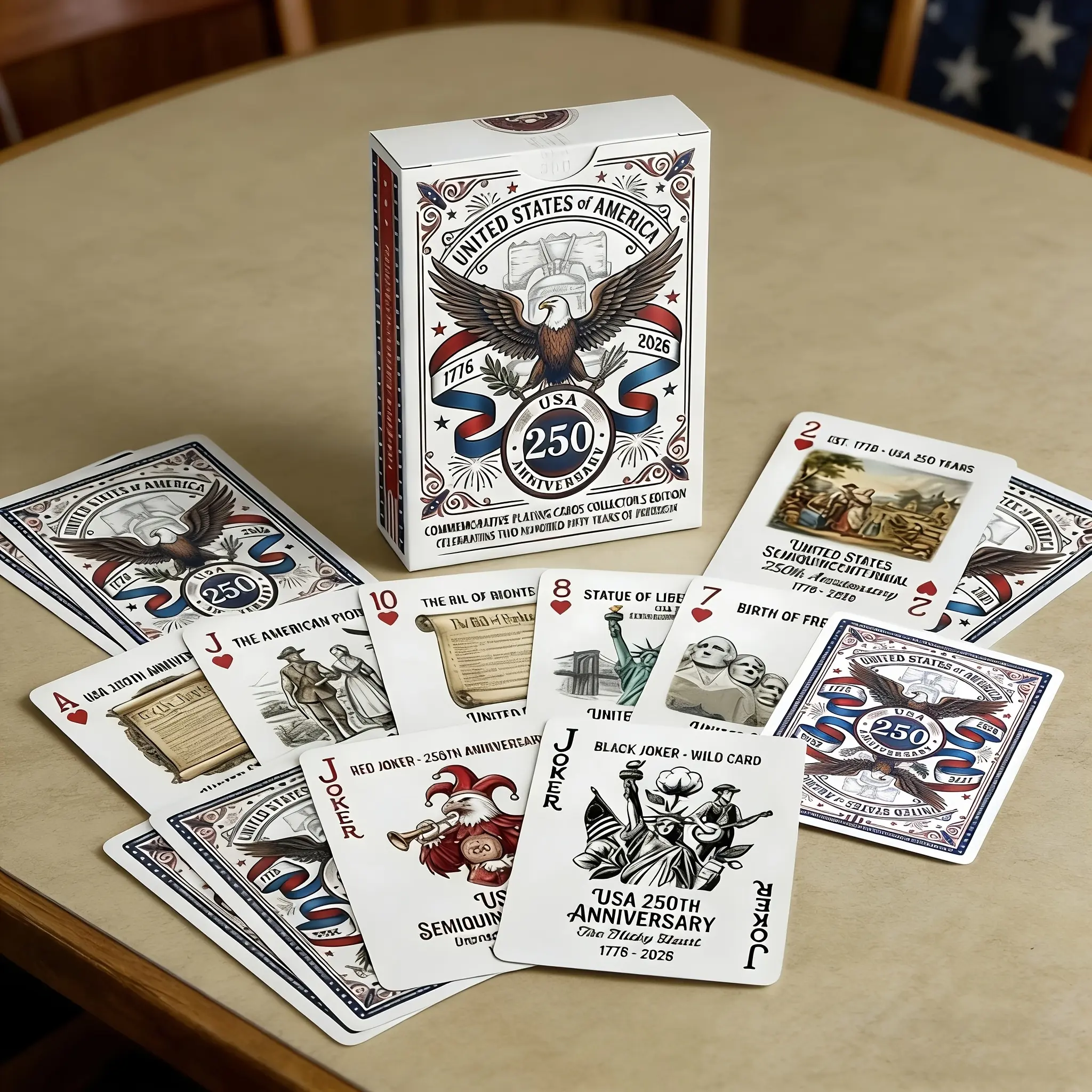 250th Independence Day Anniversary Commemorative Playing Cards, 1776-2026 Standard Premium Poker Cards, Patriotic Collectible Souvenir, Family Game Gift, Ideal Father's Day Present, Deck of Playing Cards, Decks of Cards