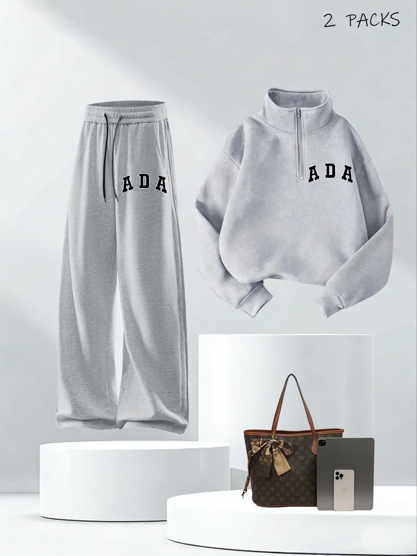 Teenagers' Fashionable European Style 2-Piece Set, Zipper Hoodie & Stand Collar Casual Sweatshirt, Stylish Straight Leg Pants, Casual Outfit Set